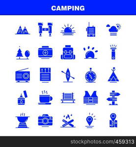 Camping Solid Glyph Icons Set For Infographics, Mobile UX/UI Kit And Print Design. Include: Cloud, Sun, Weather, Tea, Cup, Coffee, Hot, Box, Icon Set - Vector