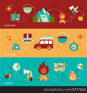 Camping summer outdoor activity flat banner set with camp area adventure isolated vector illustration