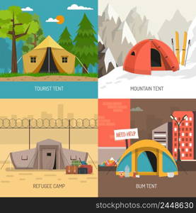 Camping tent concept 4 icons square design with family summer and winter sportive models isolated vector illustration . Camping Tent Concept 4 Icons Square Composition