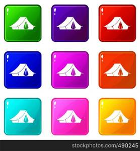 Camping tent icons of 9 color set isolated vector illustration. Camping tent set 9