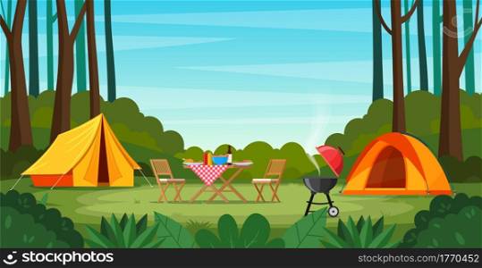 Camping tent in forest. Summer or spring landscape. Cartoon tourist camp with picnic spot and tent among forest, Vector illustration in flat style. Cartoon tourist camp