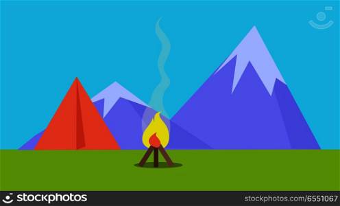 Camping tent near fire and mountains on background in flat style. Recreation activity. Can be used for web banners, marketing and promotional materials, presentation templates. Hiking concept. Vector. Camping Tent Near Fire and Mountains