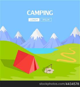 Camping tent near the fire and mountains in the background with lake. Can be used for web banners, marketing and promotional materials, presentation templates