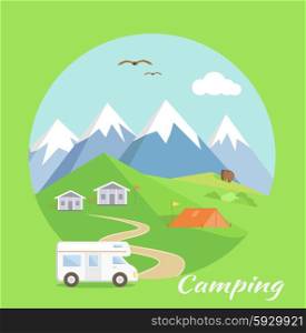 Camping tent near the mountains in the background. Motorhome car traveling on the road to the mountains. Can be used for web banners, marketing and promotional materials, presentation templates