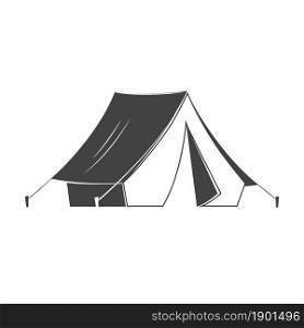 Camping tent silhoutte on white background. Vector illustration. Retro tourist camp tent with a canopy, reinforced with a rope with a peg Equipment for camping, climbing, hiking, traveling. Camping tent silhoutte on white background. Vector illustration. Retro tourist camp tent with a canopy, reinforced with a rope with a peg. Equipment for camping, climbing, hiking, traveling