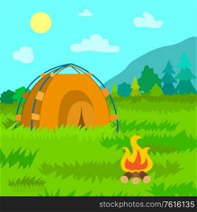 Camping tent with bonfire vector, burning logs on nature. Mountains and green forests with trees and bushes, floral landscape, lawn and evergreen pine. Tent of Travelers, Bonfire and Forests of Area