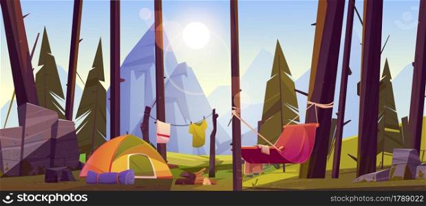 Camping tent with tourist stuff, logs and hammock in forest, traveler halt with drying clothes on mountain nature landscape with fir-trees scenery view, summer travel, Cartoon vector illustration. Camping tent with tourist stuff, logs and hammock