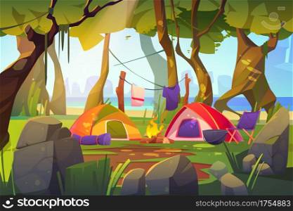 Camping tents with campfire and tourist stuff in forest, traveler halt with, chair drying clothes on nature landscape with trees and sea scenery view, summer hiking, travel Cartoon vector illustration. Camping tents with fire, tourist stuff in forest