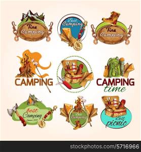 Camping time best fine summer picnic sketch colored emblems set isolated vector illustration