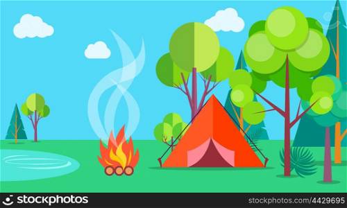 Camping Time in Summer Template Poster with Tent. Camping time in summer template poster with isolated red tent near bonfire and many green trees. Outdoor relaxation on fresh air template