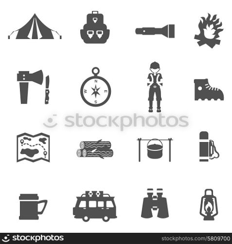 Camping tourism and recreation icons flat black set isolated vector illustration. Camping Icons Black