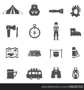 Camping tourism and recreation icons flat black set isolated vector illustration. Camping Icons Black