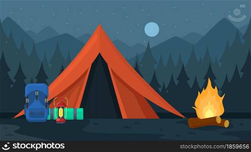 Camping tourist hiking outdoor adventure travel backpacks. Tourist hiking trekking backpacks with sleeping bags vector illustration set. Outdoor tourist equipment bags on camp near tent for hiking. Camping tourist hiking outdoor adventure travel backpacks. Tourist hiking trekking backpacks with sleeping bags vector illustration set. Outdoor tourist equipment bags