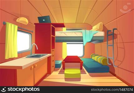 Camping trailer car interior with loft bed, couch, kitchen sink, desk with laptop, bookshelf and window. Rv motor home room inside view, cozy place for living and sleeping, Cartoon vector illustration. Camping trailer car interior with loft bed rv home
