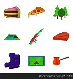 Camping trip icons set. Cartoon set of 9 camping trip vector icons for web isolated on white background. Camping trip icons set, cartoon style