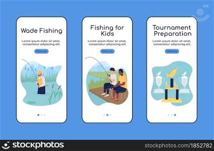 Camping trip with fishing onboarding mobile app screen flat vector template. Walkthrough website 3 steps with characters. Creative UX, UI, GUI smartphone cartoon interface, case prints set. Camping trip with fishing onboarding mobile app screen flat vector template
