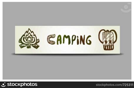 Camping Vector banner. Hand drawn adventure design. Tourism equipment design.. Camping Vector banner. Hand drawn adventure design. Tourism equipment design