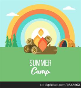 Camping. Vector illustration. Summer holidays in a tent on the nature.