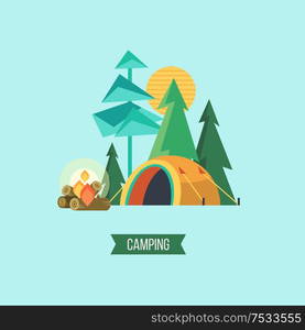 Camping. Vector illustration. Summer holidays in a tent on the nature.