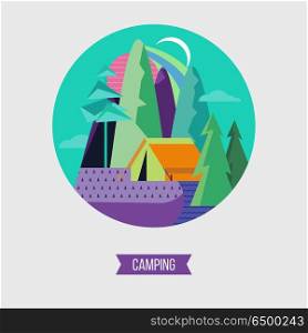 Camping. Vector illustration. Summer outdoor recreation.. Camping. Campground in the woods. Summer outdoor recreation. Vector illustration. The emblem of tourism.