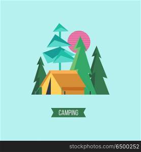 Camping. Vector illustration. Summer outdoor recreation.. Camping. Campground in the woods. Summer outdoor recreation. Vector illustration. The emblem of tourism.