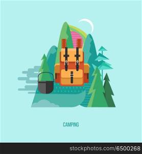Camping. Vector illustration. Summer outdoor recreation.. Summer outdoor recreation. Vector illustration. The emblem of tourism.