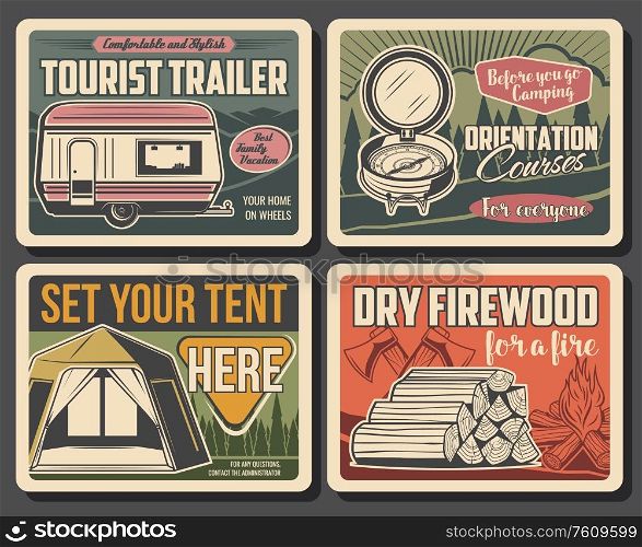 Camping vector vintage posters, summer outdoor adventure. Forest camping tents place sign and tourist trailers rental, dry firewood, mountain expedition and hiking travel orientation courses. Summer camping, tourist trailer, firewood and tent
