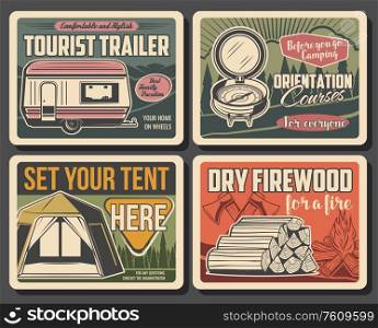 Camping vector vintage posters, summer outdoor adventure. Forest camping tents place sign and tourist trailers rental, dry firewood, mountain expedition and hiking travel orientation courses. Summer camping, tourist trailer, firewood and tent