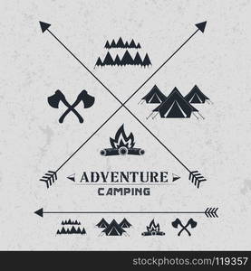 camping vintage emblem.logotype template with forest, pines, trees, tent. outdoor activity symbol Vector illustration