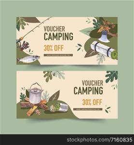 Camping voucher design with axe, rod, pot, canned food watercolor illustration.
