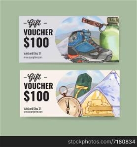 Camping voucher design with hiking boots, flashlight, mountain watercolor illustration.