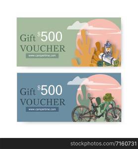 Camping voucher design with mat, lantern, bicycle watercolor illustration.