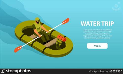 Camping water trip horizontal isometric banner with hiker rowing boat 3d vector illustration