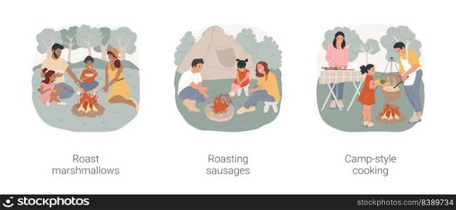 Campsite cooking isolated cartoon vector illustration set. Family sit aroun open fire, roast marshmallows on skewer, grill sausages, campfire cooking, camp-style kitchen vector cartoon.. Campsite cooking isolated cartoon vector illustration set.