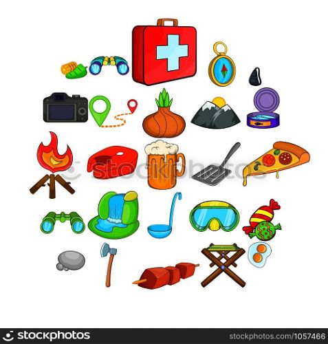 Campsite icons set. Cartoon set of 25 campsite vector icons for web isolated on white background. Campsite icons set, cartoon style