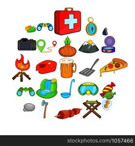 Campsite icons set. Cartoon set of 25 campsite vector icons for web isolated on white background. Campsite icons set, cartoon style