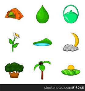 Campsite icons set. Cartoon set of 9 campsite vector icons for web isolated on white background. Campsite icons set, cartoon style
