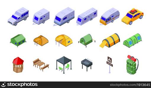 Campsite icons set isometric vector. Backpack activity. Campfire blaze. Campsite icons set isometric vector. Backpack activity