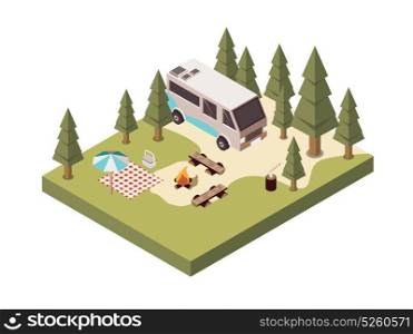 Campsite In Forest Isometric Design. Campsite in forest isometric design with bonfire benches picnic blanket and umbrella log with axe vector illustration