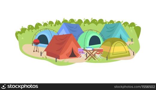 Campsite semi flat vector illustration. Colorful tents. Camping outdoors. Tables and grill for tourist. Summer recreation. Picnic outside. Campground 2D cartoon scenery for commercial use. Campsite semi flat vector illustration