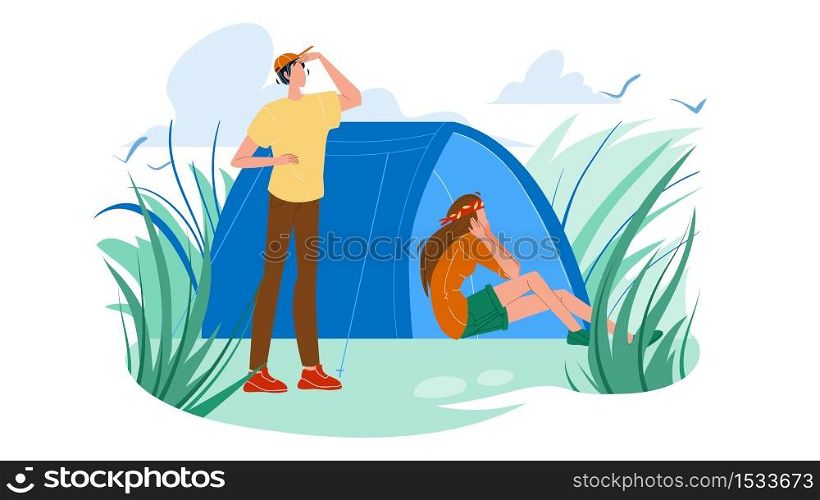Campsite Tent And Tourists Man And Woman Vector. Camping Tent And Young Couple Boy And Girl Active Leisure, Campground Hiking. Characters Vacation Nature Adventure Flat Cartoon Illustration. Campsite Tent And Tourists Man And Woman Vector