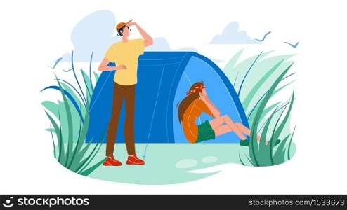 Campsite Tent And Tourists Man And Woman Vector. Camping Tent And Young Couple Boy And Girl Active Leisure, Campground Hiking. Characters Vacation Nature Adventure Flat Cartoon Illustration. Campsite Tent And Tourists Man And Woman Vector