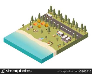 Campsite With Road Isometric Illustration. Campsite near lake with umbrella on beach bonfire and tourist gear transport and road isometric vector illustration