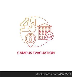Campus evacuation red gradient concept icon. University attendants movement abstract idea thin line illustration. Isolated outline drawing. Roboto-Medium, Myriad Pro-Bold fonts used. Campus evacuation red gradient concept icon
