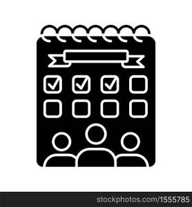 Campus events black glyph icon. Student entertainment. Campus life. Planner and calendar. University management. Silhouette symbol on white space. Vector isolated illustration. Campus events black glyph icon