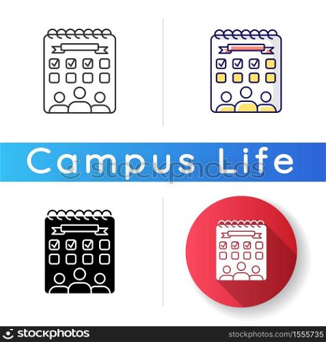 Campus events icon. Student entertainment. Campus life. Planner and calendar. University management. Welcome week timetable. Linear black and RGB color styles. Isolated vector illustrations. Campus events icon