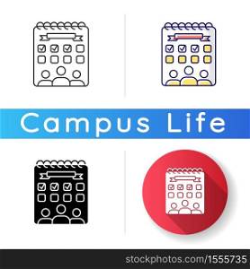 Campus events icon. Student entertainment. Campus life. Planner and calendar. University management. Welcome week timetable. Linear black and RGB color styles. Isolated vector illustrations. Campus events icon