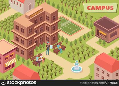 Campus isometric background with university building park area and outdoors sports ground vector illustration