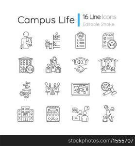 Campus life pixel perfect linear icons set. University and college. Student activities. Cheerleading and sports team. Customizable thin line contour symbols. Isolated vector outline illustrations. Campus life pixel perfect linear icons set
