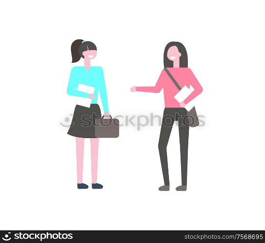 Campus students, two girls with papers and bags isolated on white background. College learners talking, school friends in cartoon style, vector pupils. Campus Student Girls. Papers and Bags Isolated
